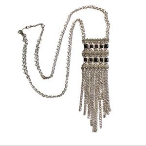 Long Art Deco style black & clear rhinestone silver necklace